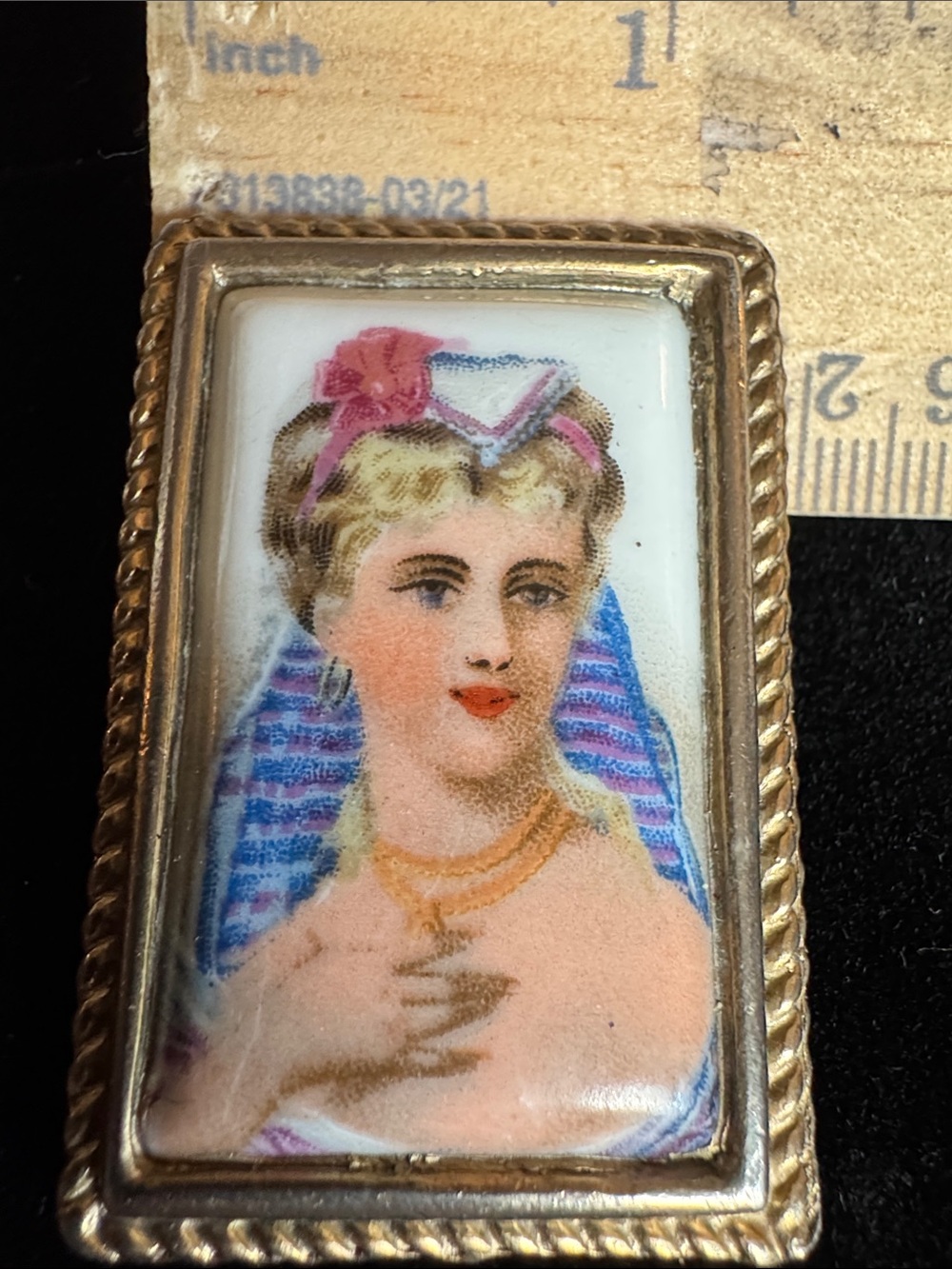 Limoges Enamel Portrait Brooch - Pink, Blue & Gold-Tone  Vintage Art Deco